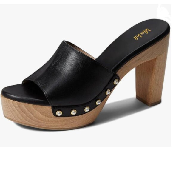 miss left Black Platform Chunky High Heel Mules Open Toe Studded Slide Sandals - Picture 1 of 8